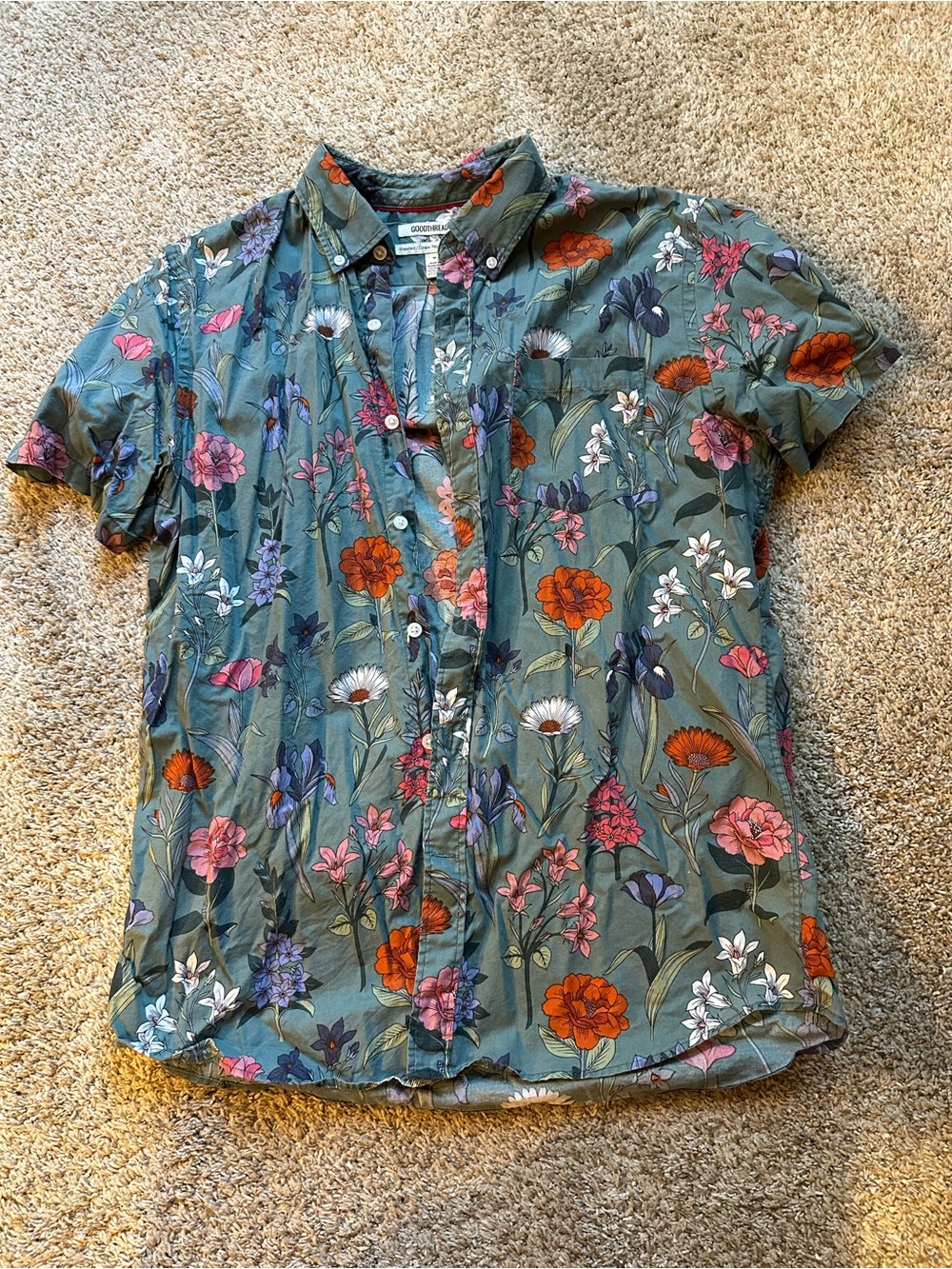 Goodthreads Floral Button-Up Shirt in Teal and White Men’s Medium